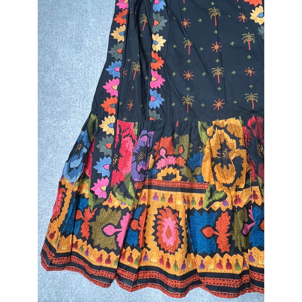 Farm Rio Anthropologie Dress 1X Black Embroidered Strapless Maxi Tie Back Boho - Picture 13 of 16